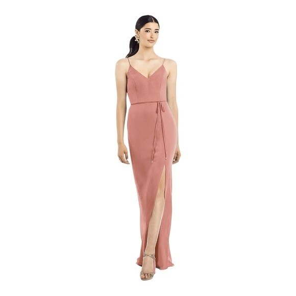 AFTER SIX RUFFLED BACK CHIFFON DRESS WITH JEWELED SASH IN DESERT ROSE Size 2R - Picture 1 of 10